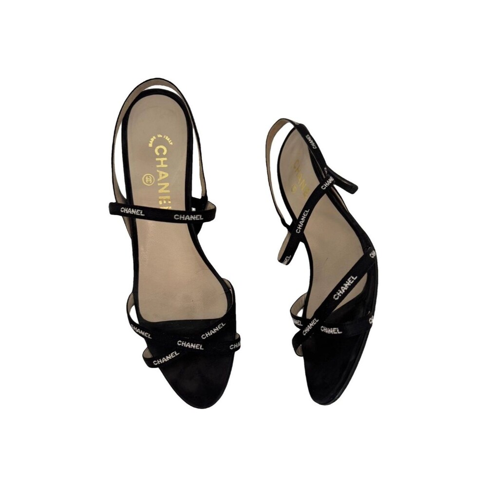 Chanel Vintage Logo Grosgrain Strap Sandals Black Heels EU 39.5 Minimalist Shoes